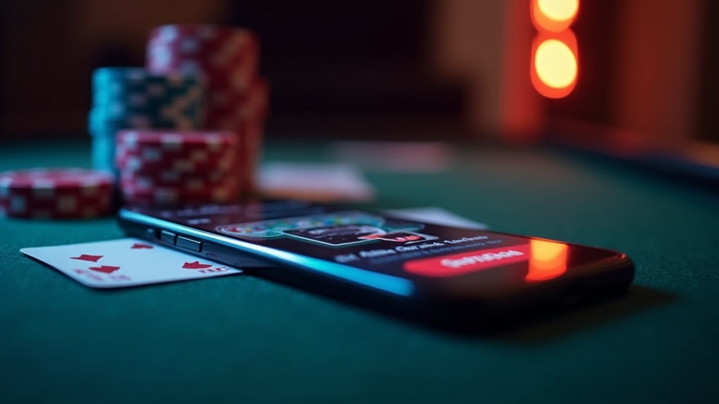 Smartphone mit App- und Browserzugang vor dunklem Casino-Hintergrund