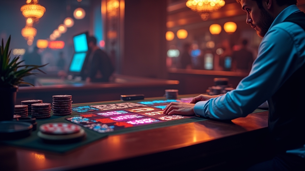 Bonuscode und Freispiele an einer dunklen Casino-Theke mit Bildschirm