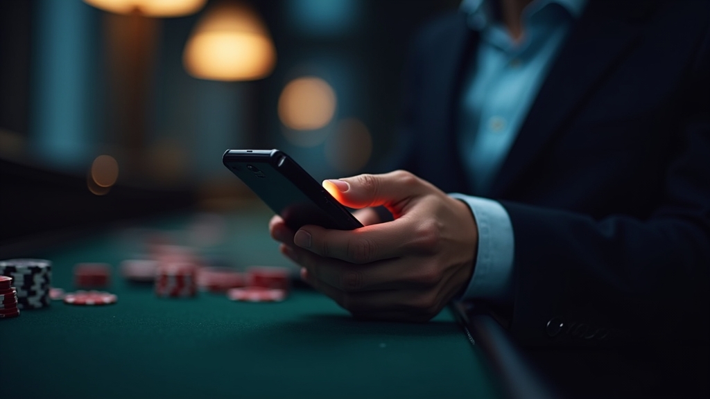 Nutzer bedient die mobile Casino-Oberfläche im Halbdunkel