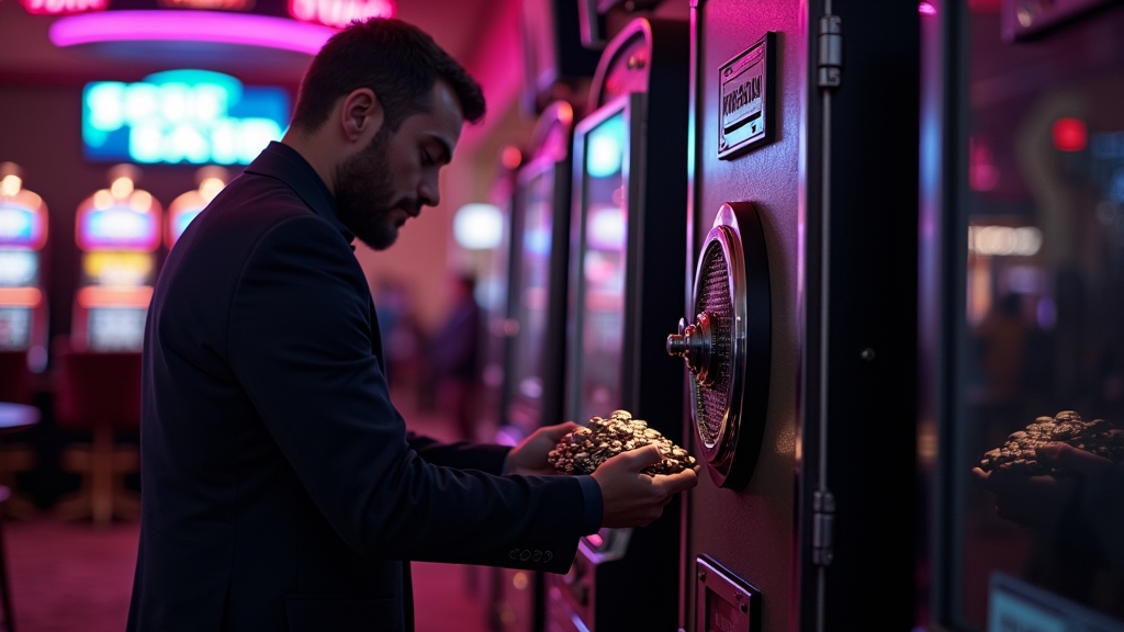 Spieler mit Gratischips und No-Deposit-Bonus vor dunklem Casino-Hintergrund