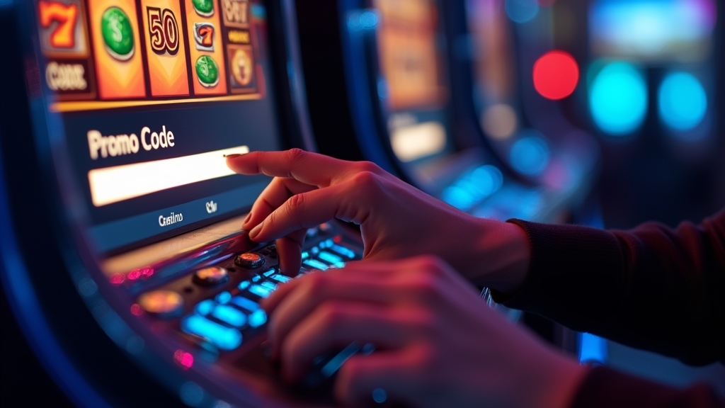 Promo-Code-Eingabefeld auf einem Casino-Bildschirm mit dunkler Spielhalle